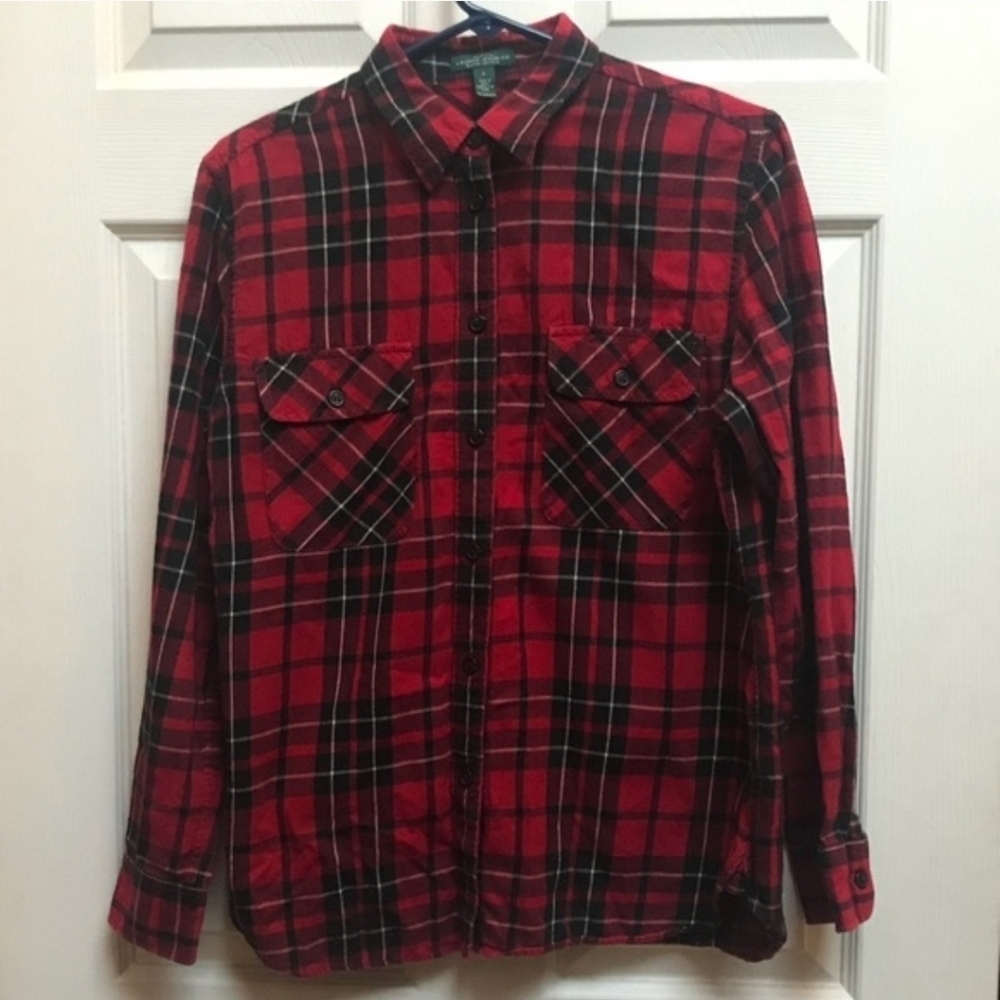 Lauren Ralph Lauren plaid flannel button up shirt Red Black Preppy M